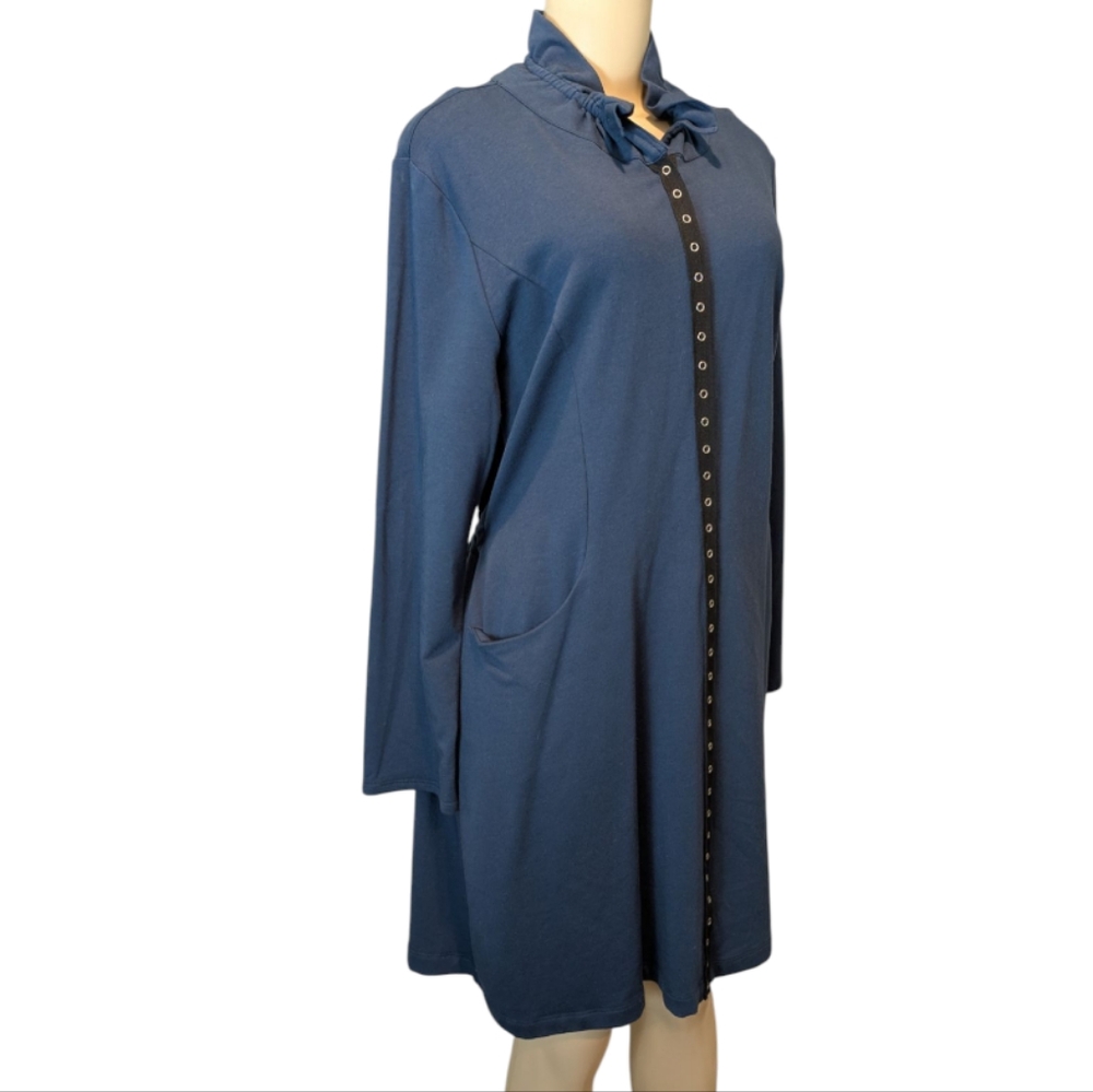 Chalet Blue Jersey Knit Snap Button Front Drawstring Back Longsleeve Dress Small - Picture 17 of 17